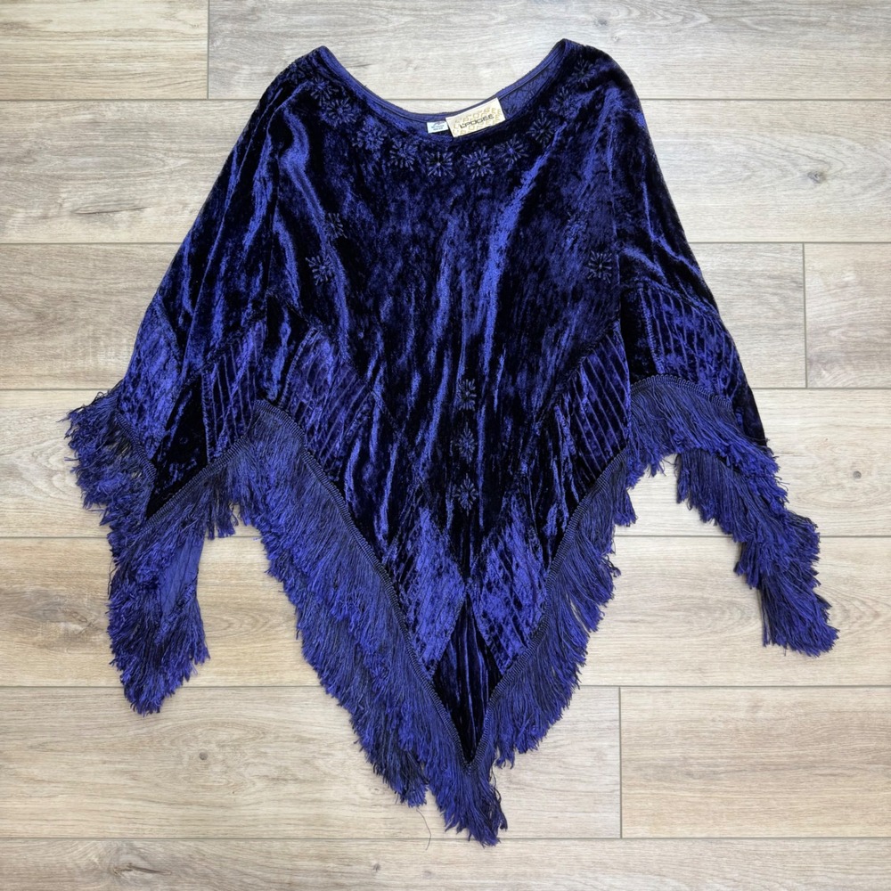 Vintage Purple Crushed Velvet Embroidered Fringe Poncho Whimsigoth  Witchcore